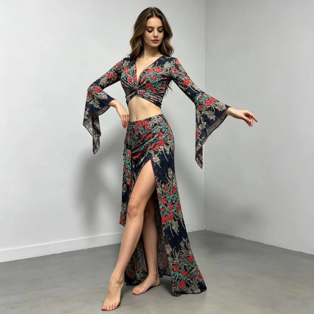 

Retro Floral Belly Dance Outfit Set Women Slim Fit French Style Oriental Dance Costume Group Wear Stage Performance Dance Clothe