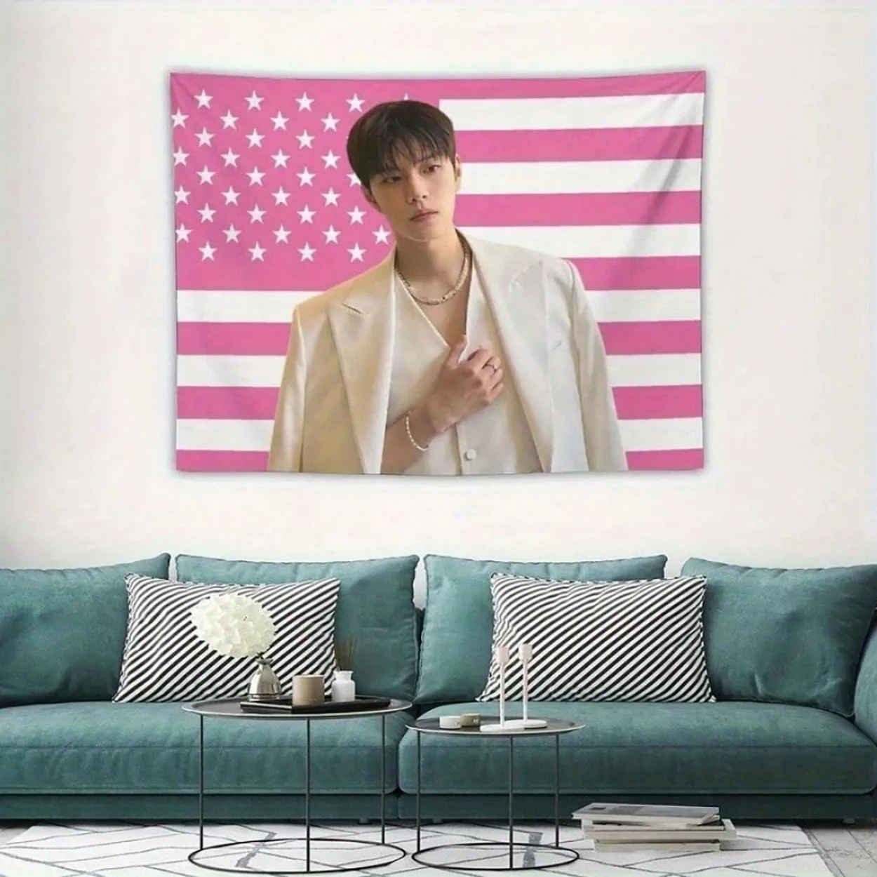 SKZ K-Kim Seungmin Pink American Flag Tapestry, K-Pop Idol Wall Hanging for Bedroom, Dorm & Fan Room Decor
