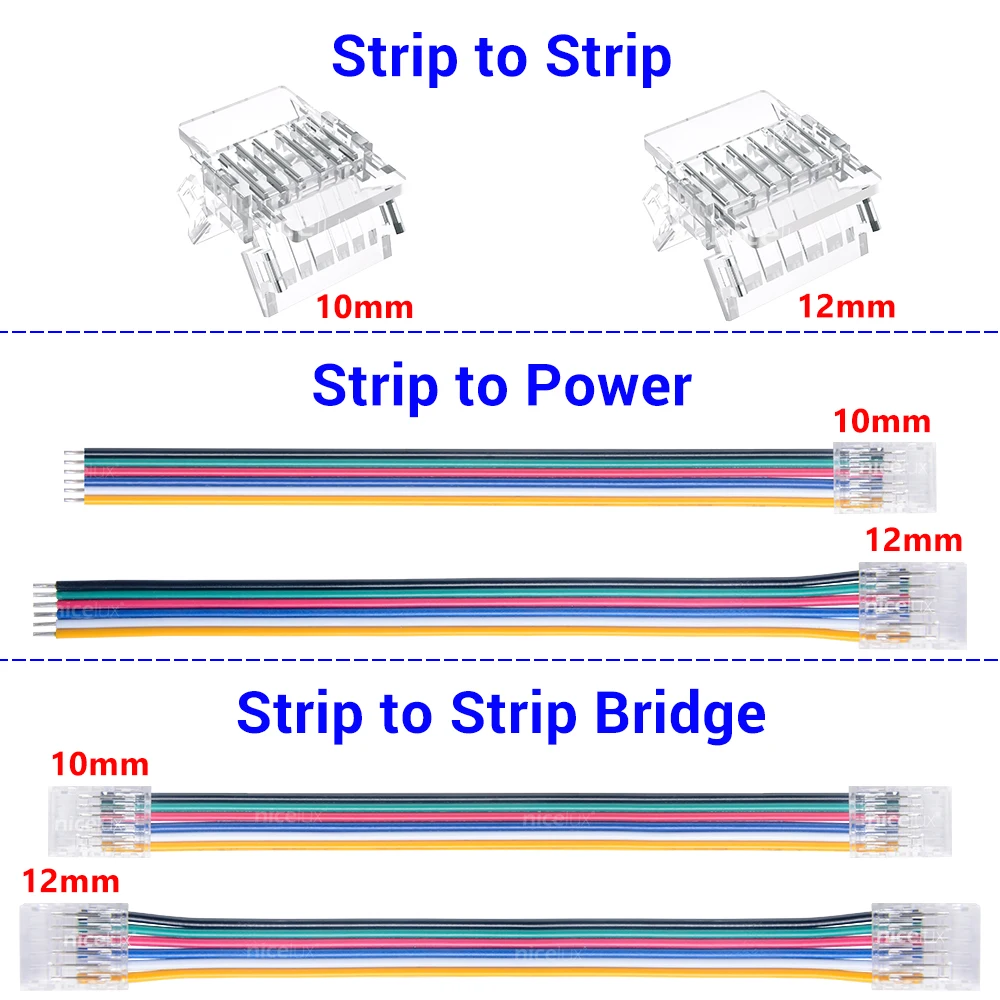 LED Strip Connector 6 Pin 10mm 12mm Solderless Transparent Connector for 3528 RGBCCT 5050 SMD LED Tape To Wire Or Board Connect