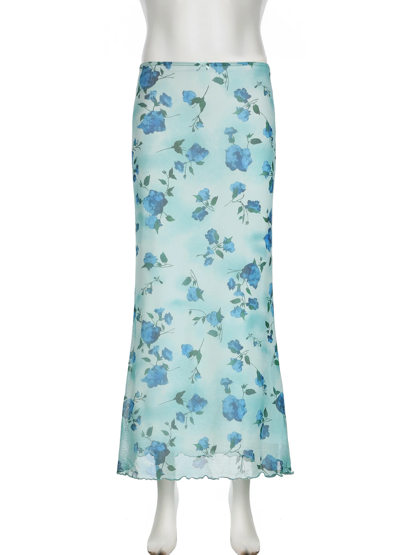Rockmore Floral Print Bow Front Lettuce Trim Long Mermaid Skirt for Party Holiday Wedding Guest Elegant High Waist Bodycon Skirt