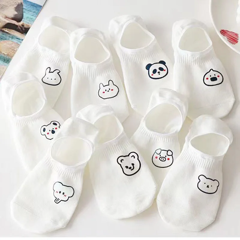 5 Pairs Summer New White Boat Socks Cartoon Trend Thin Breathable Comfortable Invisible Heel Dispensing Animal Solid Color Socks