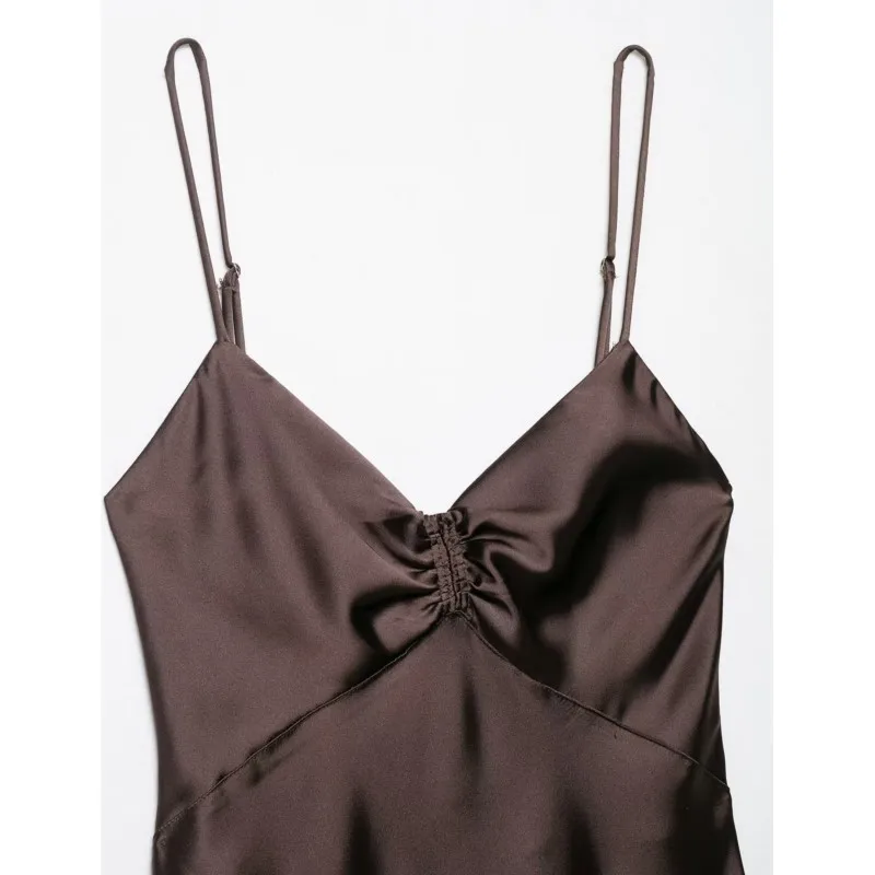 NERHEFZ Abito longuette da donna in raso raccolto Sexy senza schienale con cinturino per spaghetti con scollo a V Abito lungo da donna a pieghe Abiti chic da donna