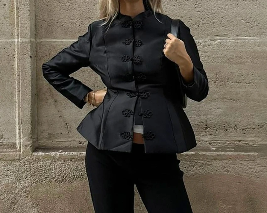 

2026 Spring and Summer New New Chinese Coat Black Semi-turtleneck Buckle Long-sleeved Temperament Versatile Top