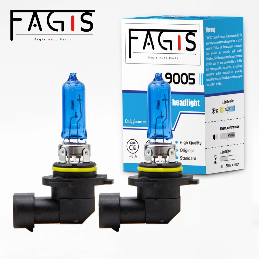 Fagis-Auto farol branco super, lâmpada de névoa, luz do carro, bulbo do halogênio, luz azul, 9005 HB3, 12V, 65W, 4800K, 2 PCes