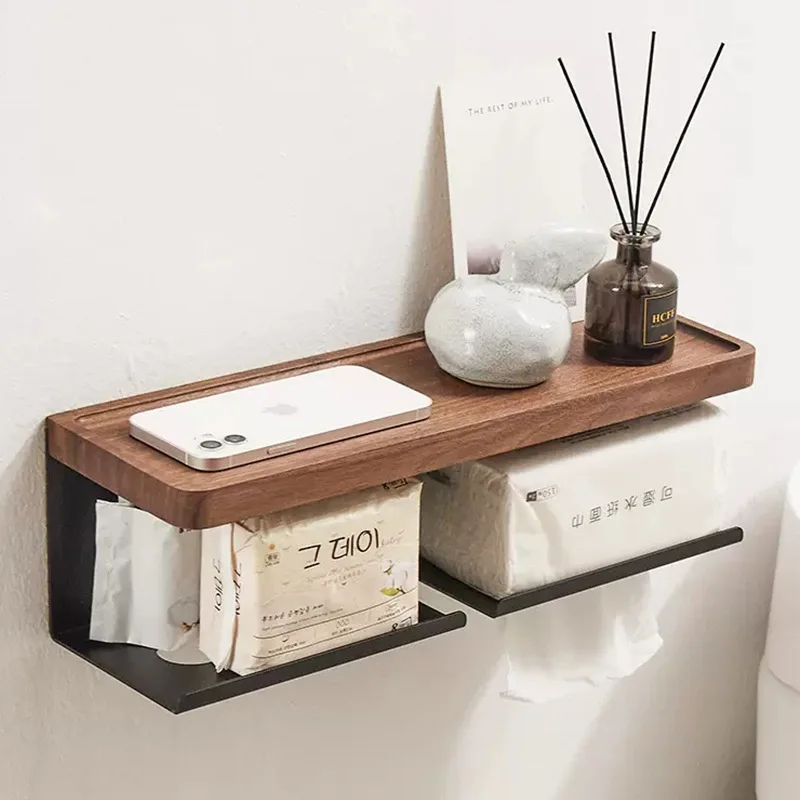 Walnut roll paper holder, toilet non-punch toilet paper holder, tissue box, toilet solid wood, mobile phone shelf