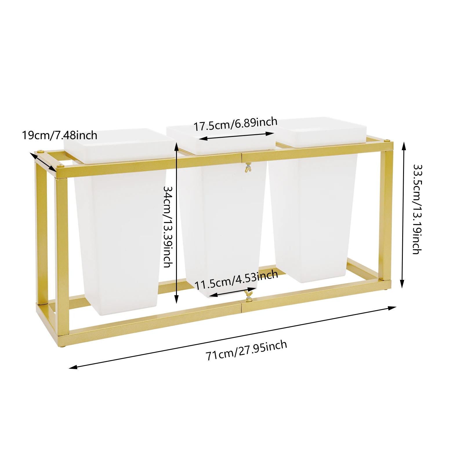 

27,95*7,48*13,19 дюймов Золотая + белая металлическая подставка для цветов с 3 ведрами для цветов для дома, балконов, дворов, комнат с растениями