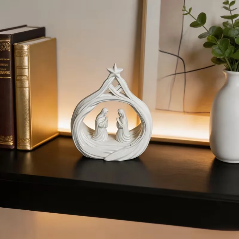 3D Christmas Nativity Scene Figurine White Holy Family Manger Stable Statue Tabletop Shelf Decor Art Sculpture GiftFor Christian