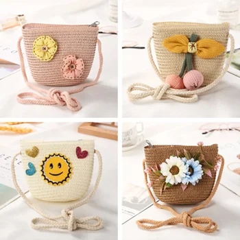Bolsos de hombro de paja para niños, Mini monedero de playa, bolso cruzado de cubo pequeño con flores
