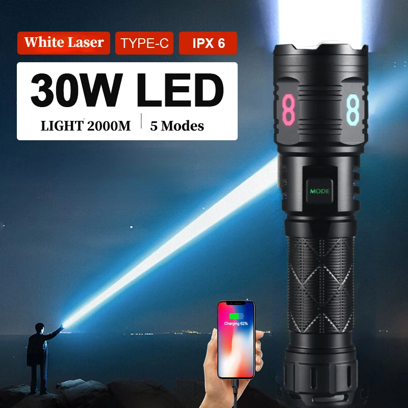 Powerful White Laser LED Flashlight 26650 Battery TYPE C Rechargeable Zoom Torch Outdoor Camping Tactical Handlamp