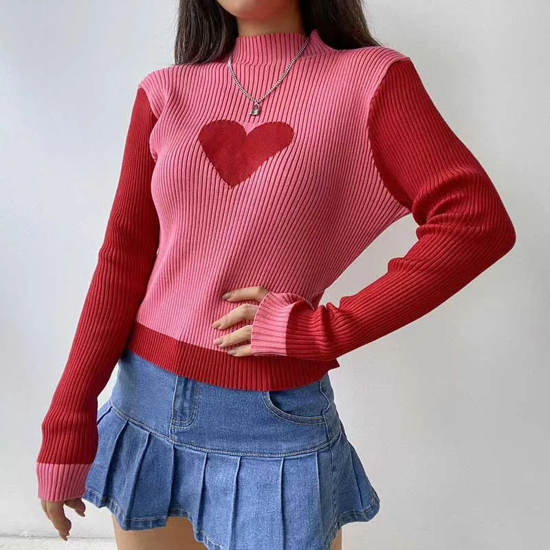 

Kawaii Sweet Sweater Heart Shape Contrast Color Fashion Women's All-match Knitted Tops O-neck Long Sleeve Bottom Knitwear SY2489