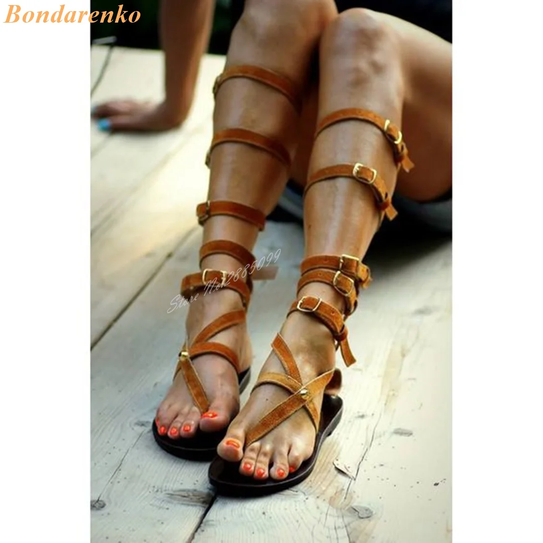 Buckles Straps Hollow Sandals Solid Denim Open Toe Flat With Knee High Sandals Summer New Style Women Shoes Fashion Party Design