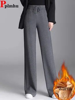女性用ストレートバギーパンツ,伸縮性のあるハイウエスト,裏地付きフリース,ワイドレッグ,厚手のスノーウェア,カジュアル,冬