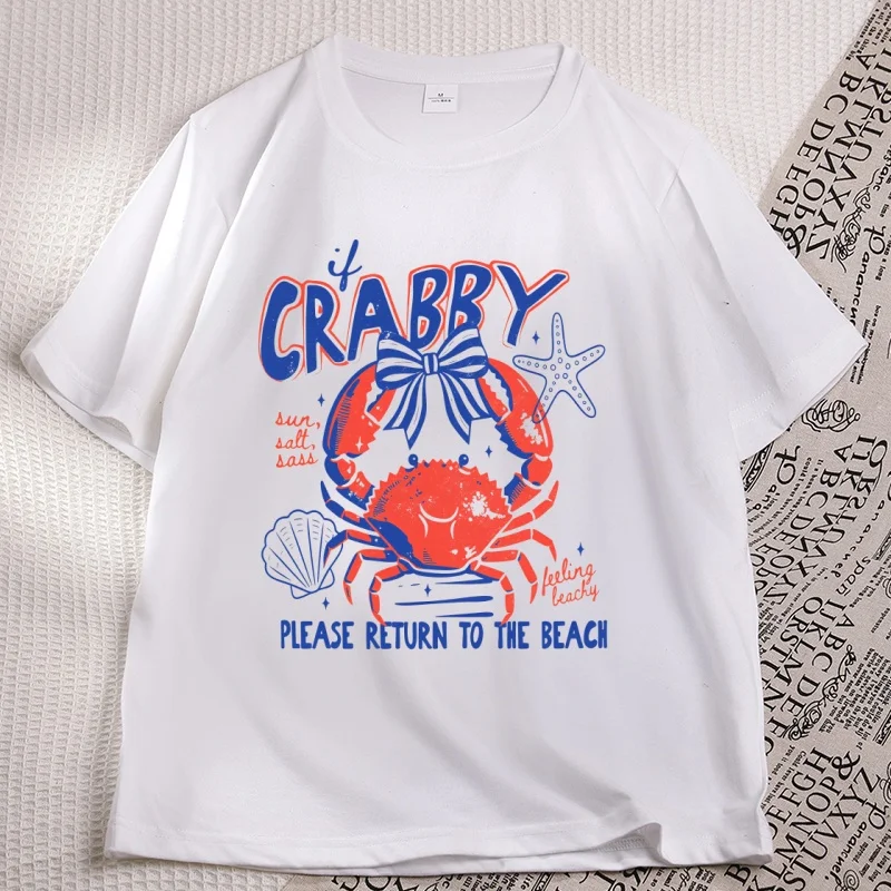 If Crabby Please Return To The Beach T-Shirt Funny Crab Lover Tee Coastal Vacation Summer Ocean Graphic T Shirts Women Clothing