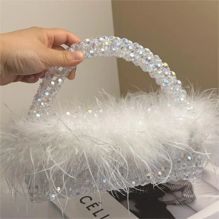

Pearl Bead Bag With Feather Fur Plush Hollow Handbag Acrylic Evening Bag Exquisite Beaded Party Bag for Women