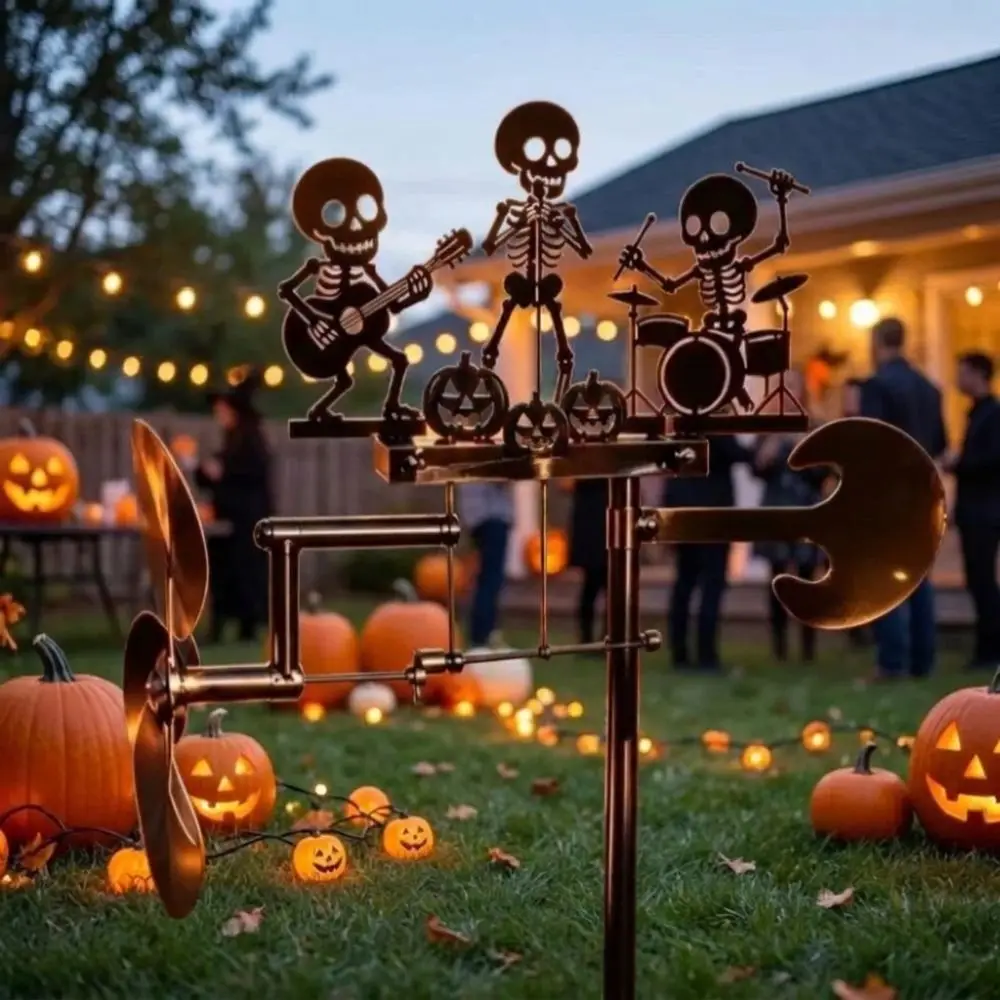 Rotating Halloween Skeleton Metal Drummer Wind Wind-Powered Artistic Musical Skull Garden Stake Spooky Heavy Duty