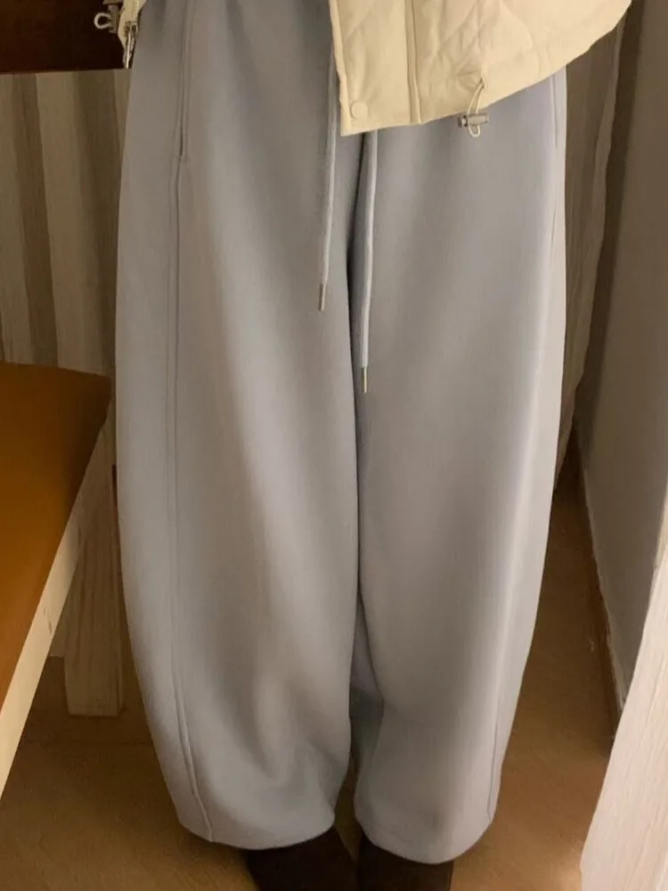 الكورية Sle عالية الخصر Dstring Fce اصطف السراويل النسائية فضفاضة التخسيس الخريف الشتاء Faion مرونة الخصر