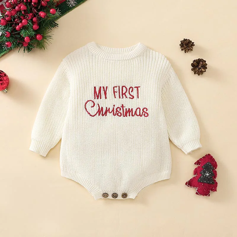 Baby Christmas Sweater Romper Letter Embroidery Long Sleeve Crew Neck Knit Bubble Jumpsuit