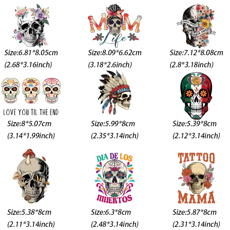 Pegatinas de dibujos animados para manualidades, parches de transferencia de ropa, accesorios de bricolaje, exquisitos patrones del alfabeto de Calavera, nueva versión de 9 piezas