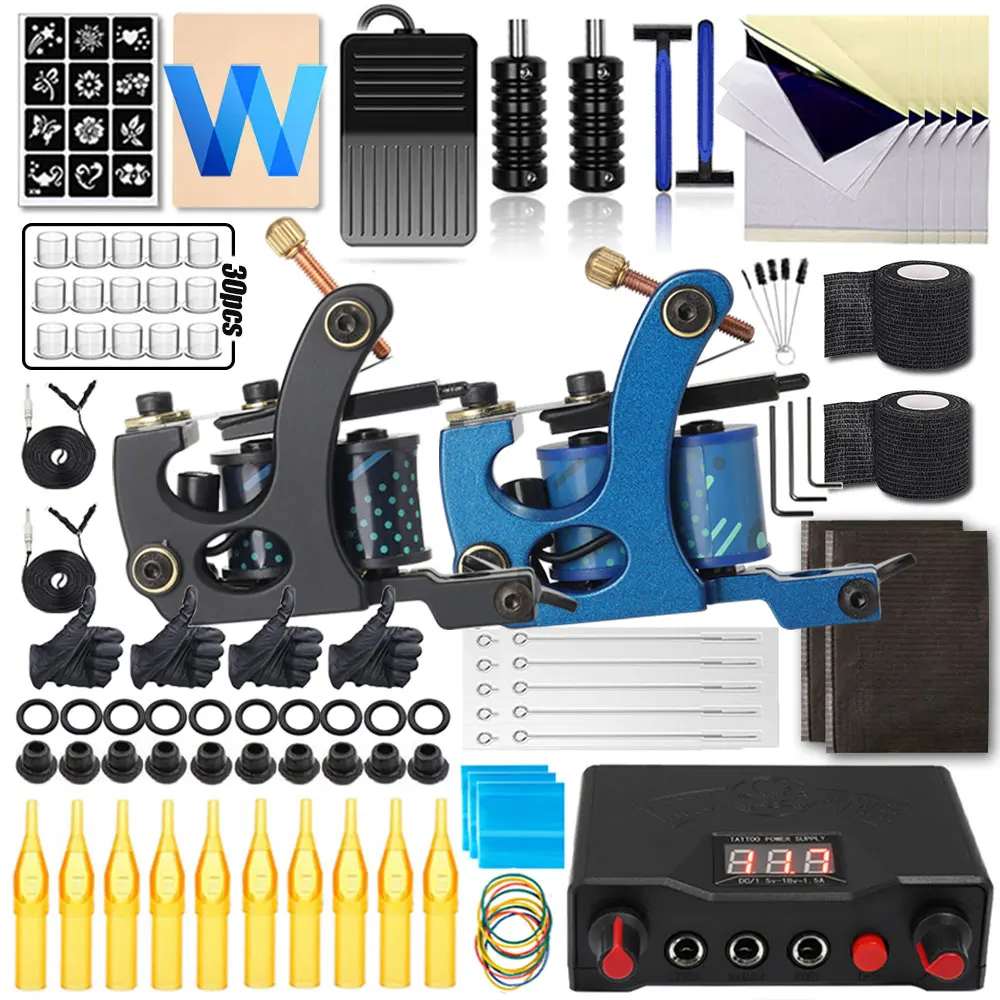 

Professional Coil Tattoo Machine Kit 10 Wraps Tattoo Coils Gun Set with Power Supply Complete Tattoo Set for Beginner Body Art