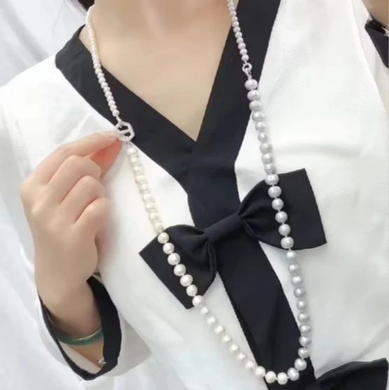Beautiful 2-Row Natural Pearl AAA Japanese Akoya 5-6mm+9-10mm White Pearl Necklace 925s/16-18inch/18-20inch