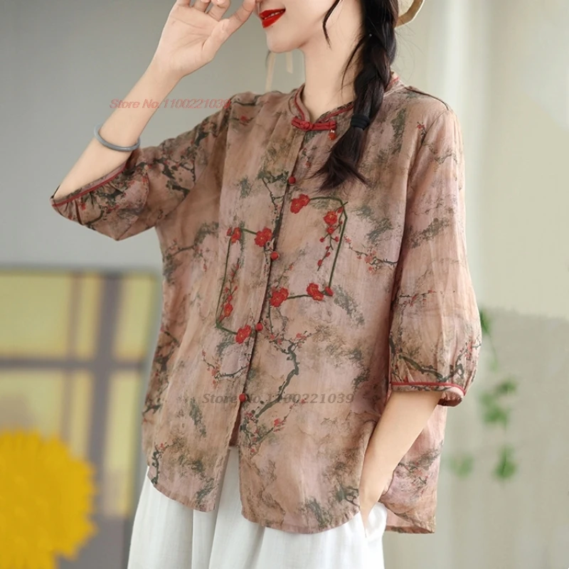 

2024 chinese vintage blouse national flower print embroidery stand collar blouse oriental hanfu tops traditional ethnic blouse