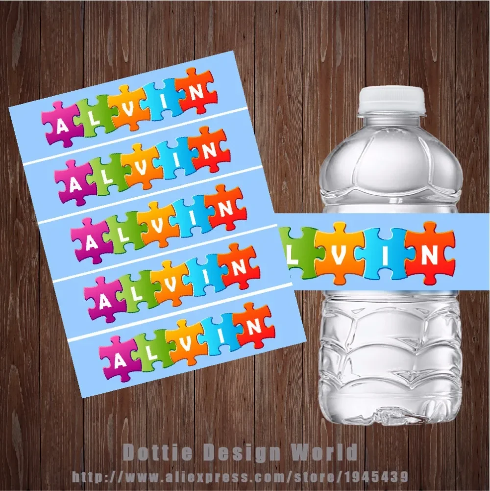 Autism Puzzle Name Water Bottle Labels Candy Bag Wrapper Custom Logo Stickers Baby Shower Birthday Festival Party Decor Supplies