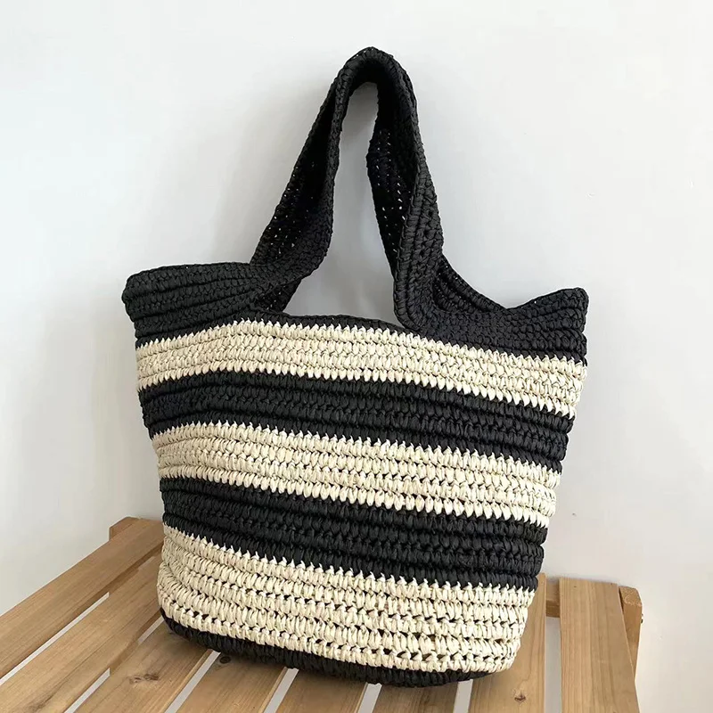 

New Woven Handbag Women's Straw Fashion Shoulder Bag Holiday Beach Striped Tote Vintage Ins Designer s