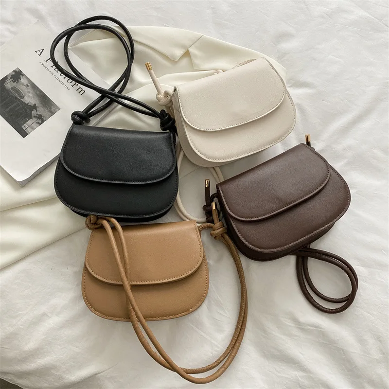 PU Solid Color Round Shoulder Women Retro Hasp Saddle Bag Single Root Portable Popular Messenger Handbag