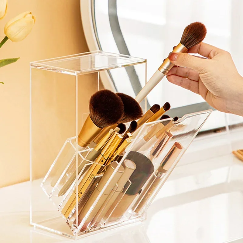 Clear Cosmetic Brush Storage Box Makeup Brush Holder with Lid Large-Capacity Cosmetic Holder Pen Slant Lipstick Desk Container