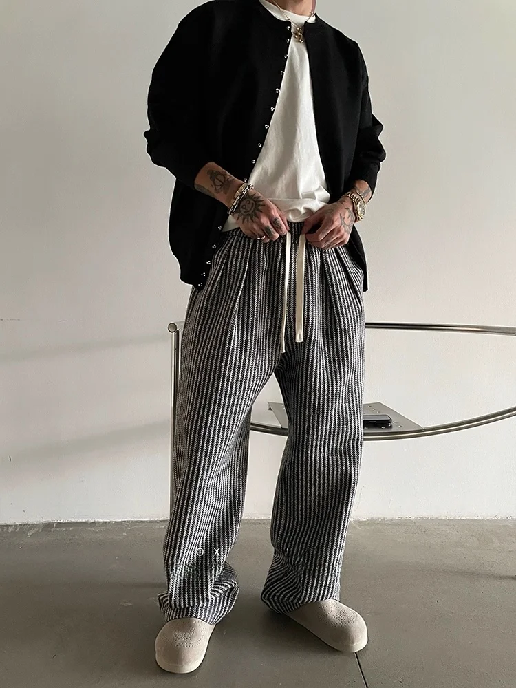 

Loose Wide Leg Floor-Length Casual Pants Men's Spring Autumn American Retro Elastic Waist Texture Stripes Men's Loose Pants