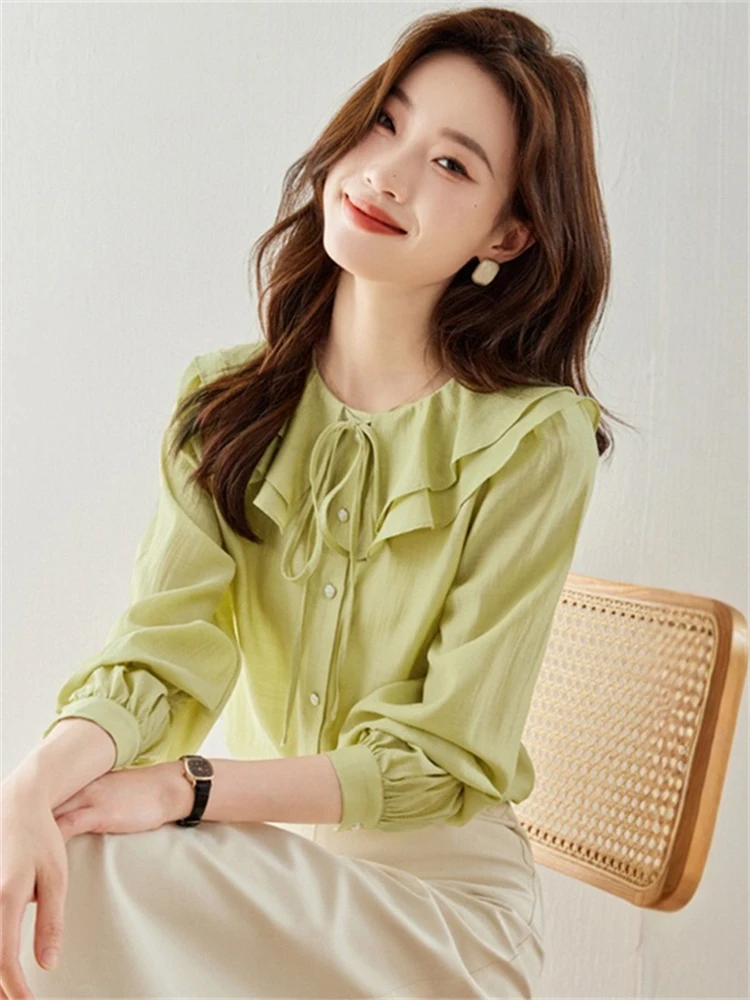 

Faionable Long Sve Chiffon irt Women's Inner Wear Sweet Sle Bell Sve Lotus Le Collar Spring Autumn Winter New A...