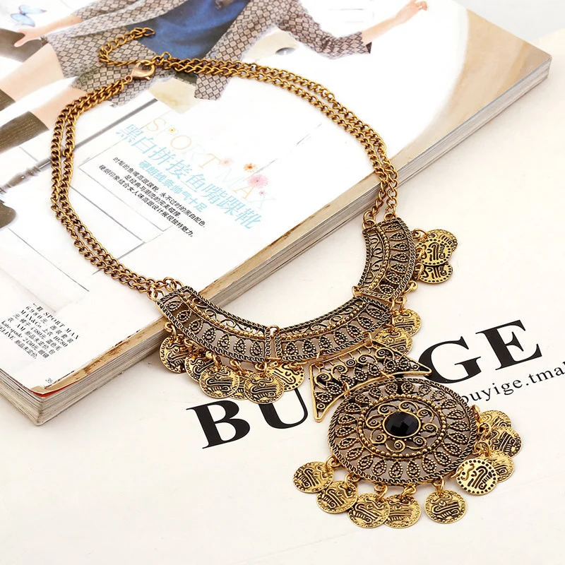 Bohemian Vintage Necklace For Women Gypsy Double Chain Coin Ethnic Tribal Statement Necklace Turkish Jewelry Collier