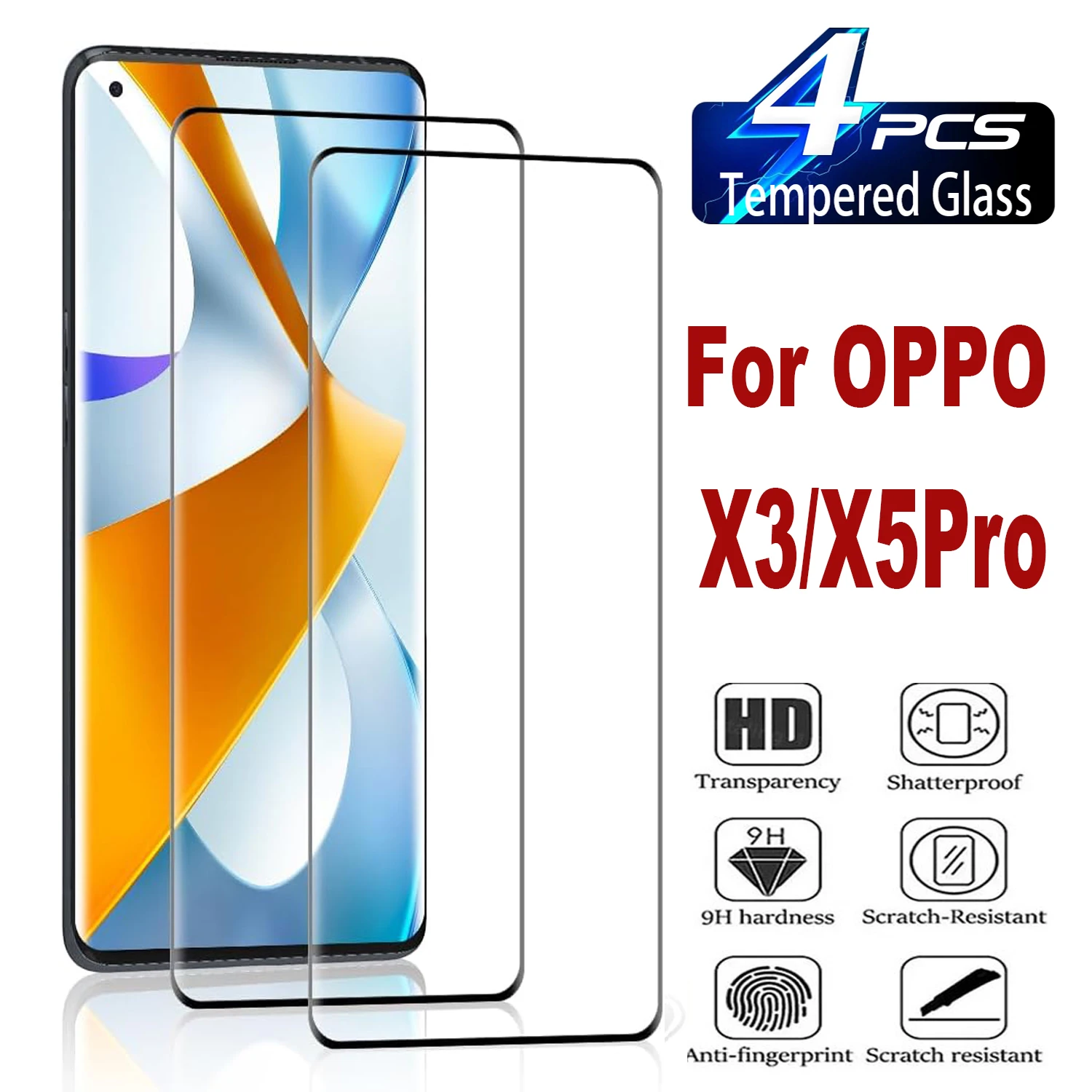 

9H Curved Four Sides Glue Tempered Glass For OPPO Find X3 Pro X5 Pro, 2/4Pcs HD Screen Protector