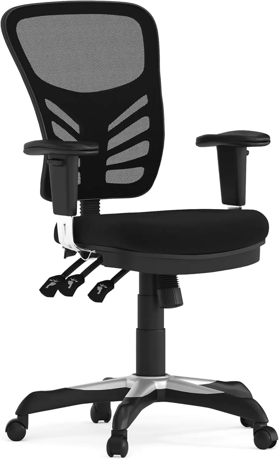 Silla de oficina ergonómica giratoria ejecutiva multifunción de malla negra con respaldo medio y brazos ajustables