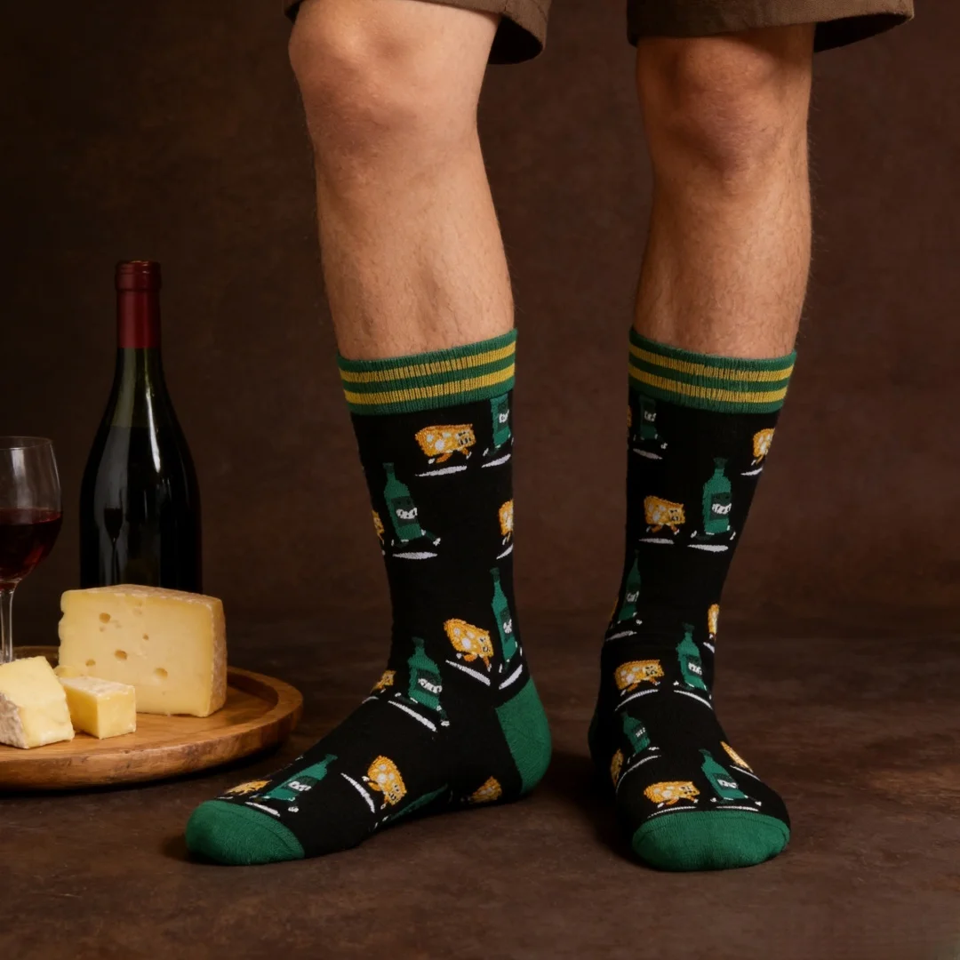 

1 пара мужских носков до середины икры Drink+ Cheese Delight: стильные и забавные, идеально подходящие для всех сезонов