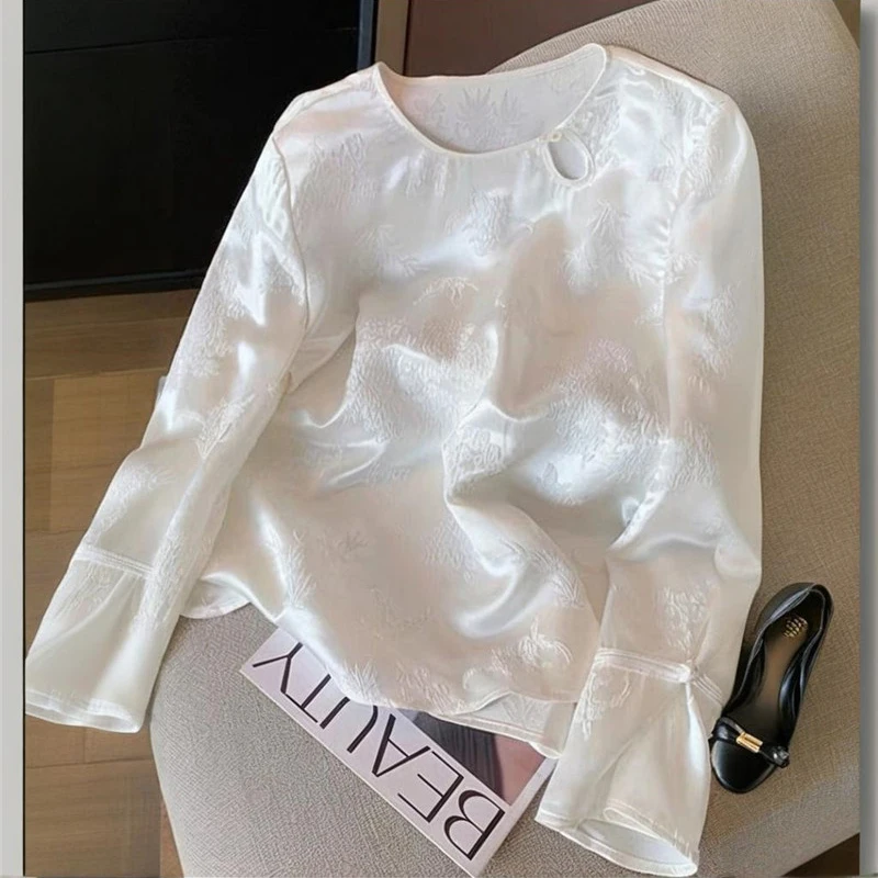 Chinese Style Jacquard Satin Blouse Spring Summer Hollow out Design Shirts Women O-neck Loose White Top Versatile