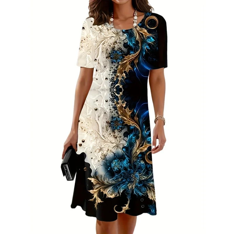 

Women'S Dress With Retro Floral Pattern Short Sleeved Dress Graphic Print Color Blocked Round Neck Dress WD2004