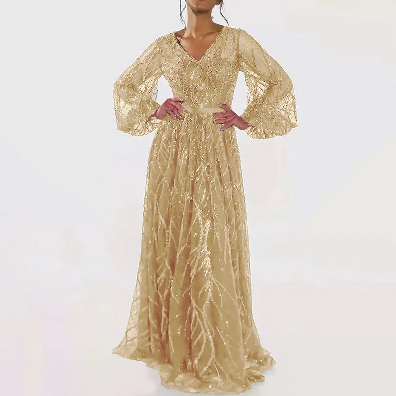 ชุดราตรีผ้าโพลีเอสเตอร์ทรงยาวประดับเลื่อมแบบแยกส่วน รุ่น Dr Long Lantern Sve Faion Prom Dr Ladies Par Gown