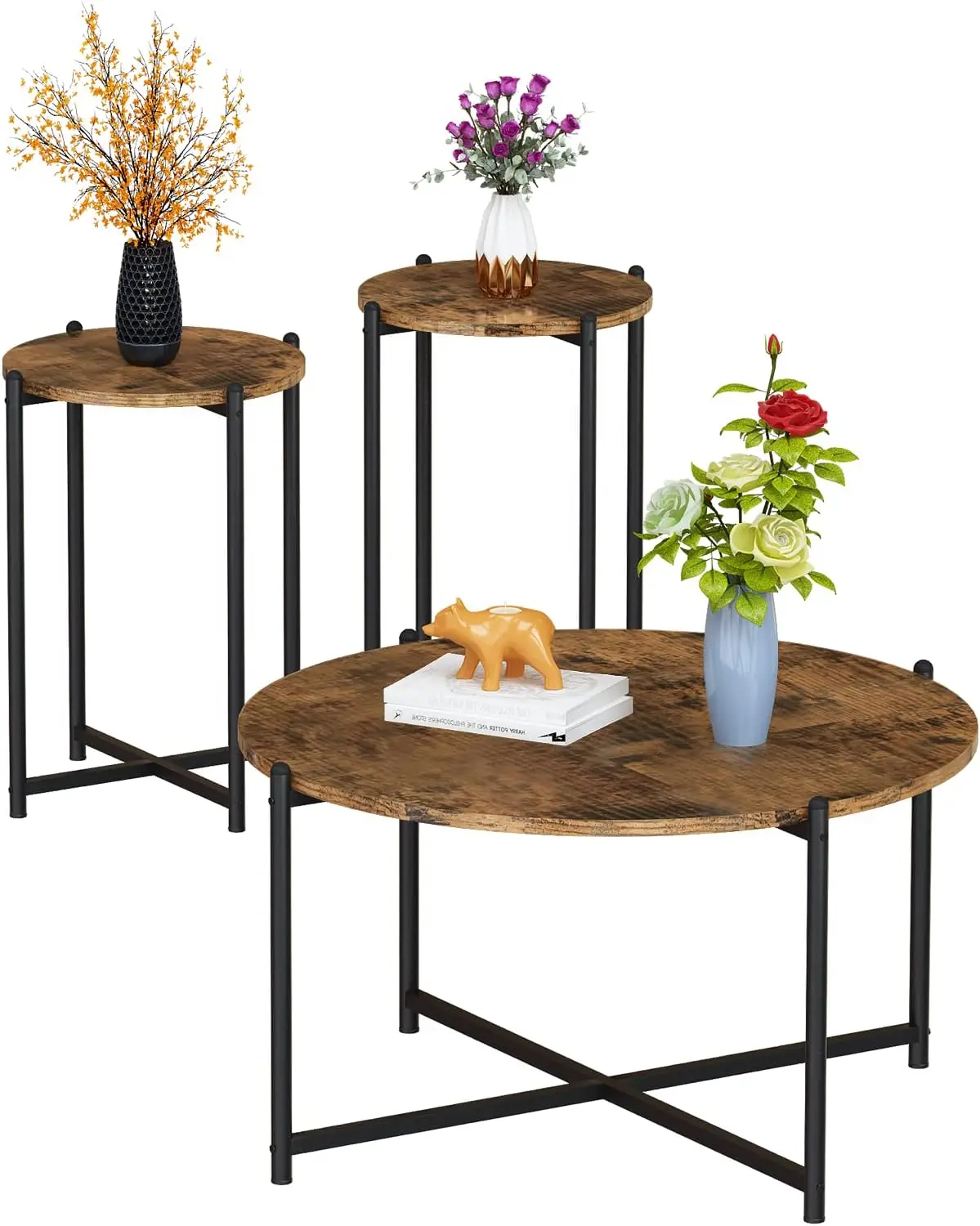 

Living Room Coffee Table Set, Rustic Brown Living Room Table Set of 3 Modern Round Center Table with Metal Legs, 2 End Tables
