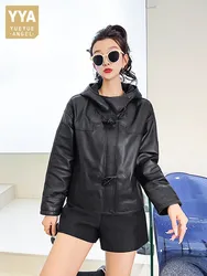 Women Hooded Genuine Leather Jacket Fashion Horn Button Zipper Short Coat High Street Casual Outwear Punk Real Sheepskin Jackets