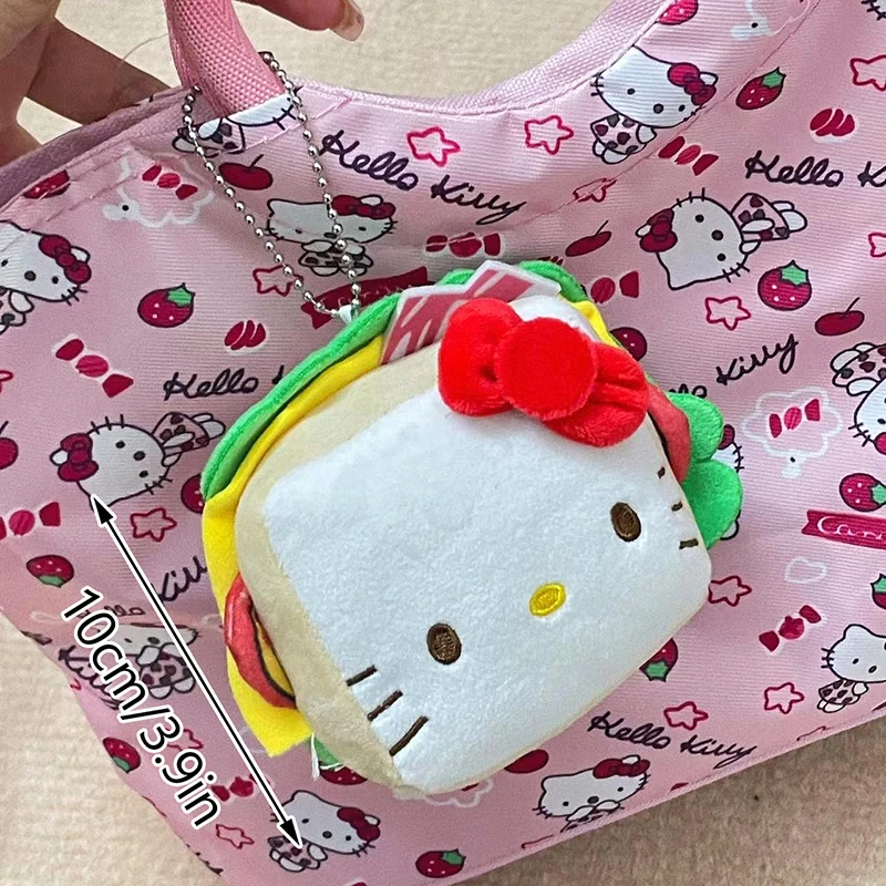 Hambúrguer olá kitty brinquedo de pelúcia chaveiro sanrio kt gato macio pelúcia boneca pingente carro chaveiro mochila saco decoração presente do miúdo