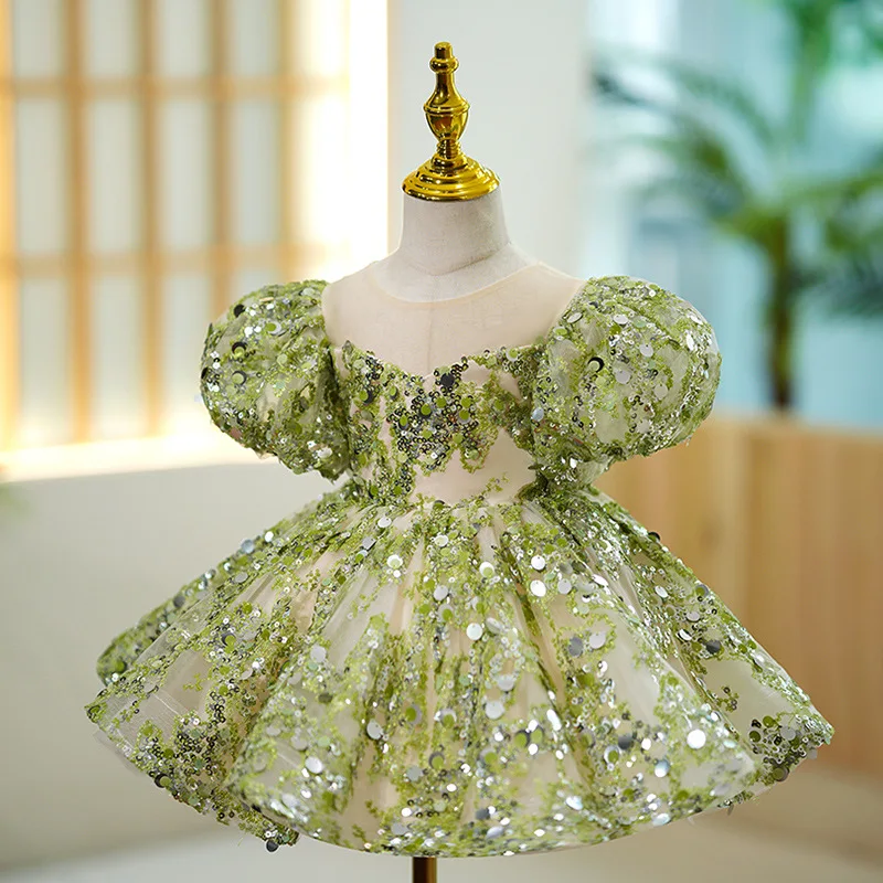 

Summer Green Sequin Bubble Sleeves Puff O-neck Princess Dress Little Girl Bling Bling Ball Gown Show Dress Girl Clothing