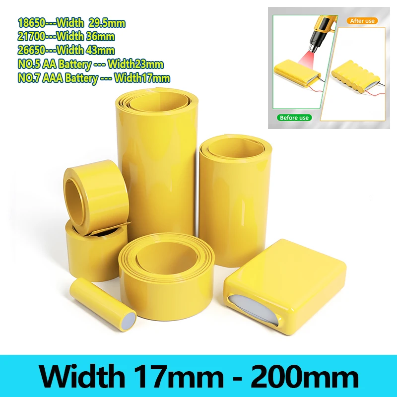 

Yellow PVC Heat Shrink Tube Width 17mm ~ 200mm Waterproof Insulated 18650 Battery Pack Wrap Cable Sleeve Lithium Film Case