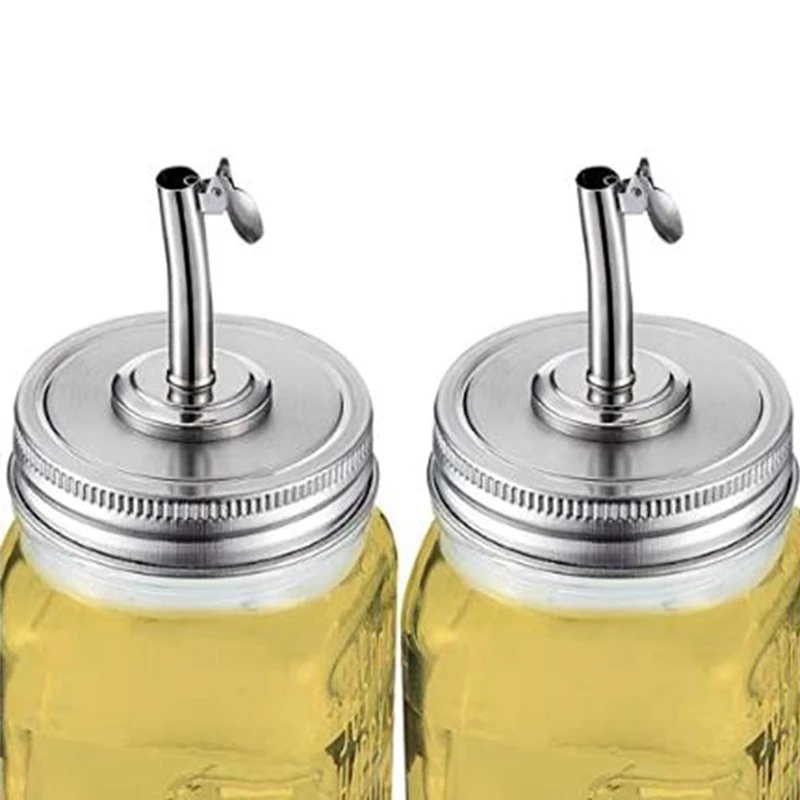 2 Pieces Jar Oil Spout Lid Oil Pour Spout Dispenser Lid Regular Mouth Oil Pour Lid With Caps Compatible With Mason Jar