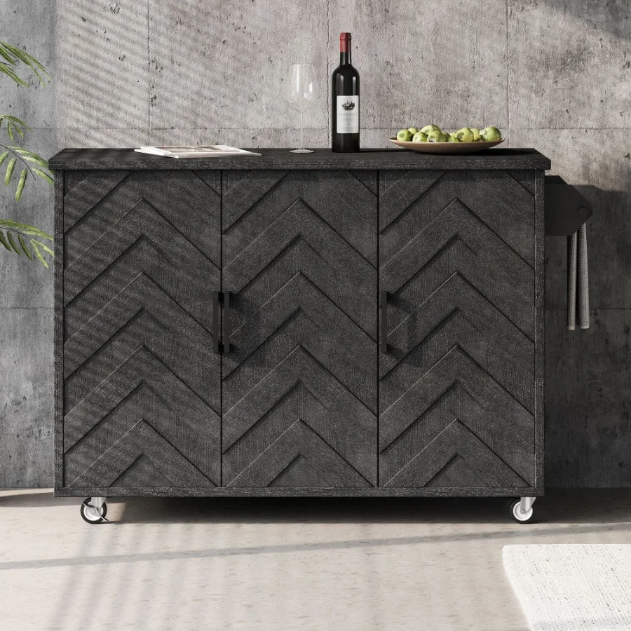 

51.2W 3D Wave Stripes Ash Veneer Kitchen Island with Drop Leaf Farmhouse Kitchen Island on Wheels with Internal Storage Rack Ro