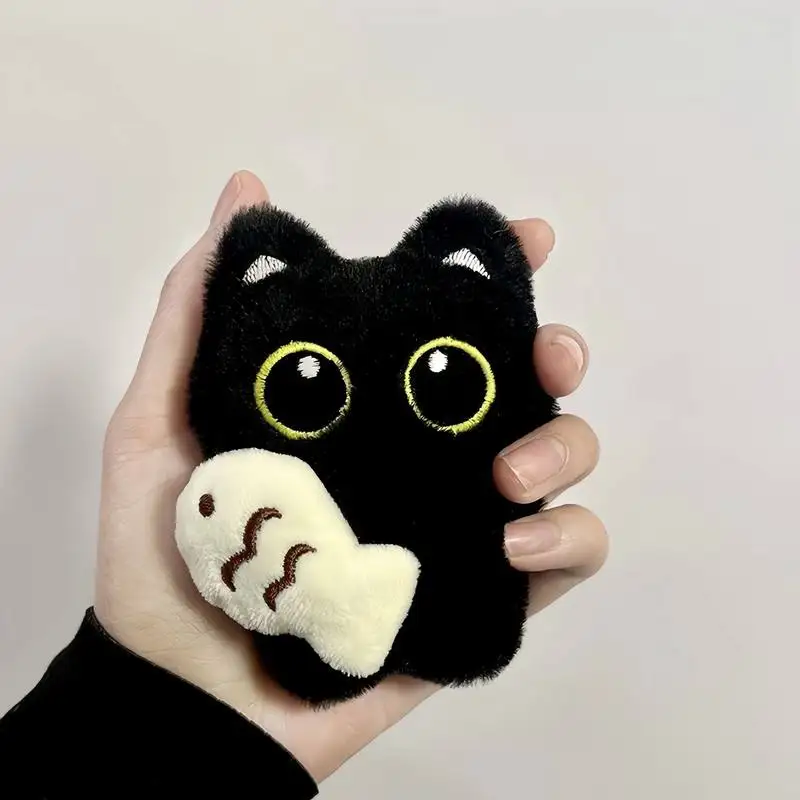Cute Big Eyed Black Cat Plush Keychain Holding Little Fish Soft Stuffed Animal Bag Pendant Couple Backpack Charm Creative Gift