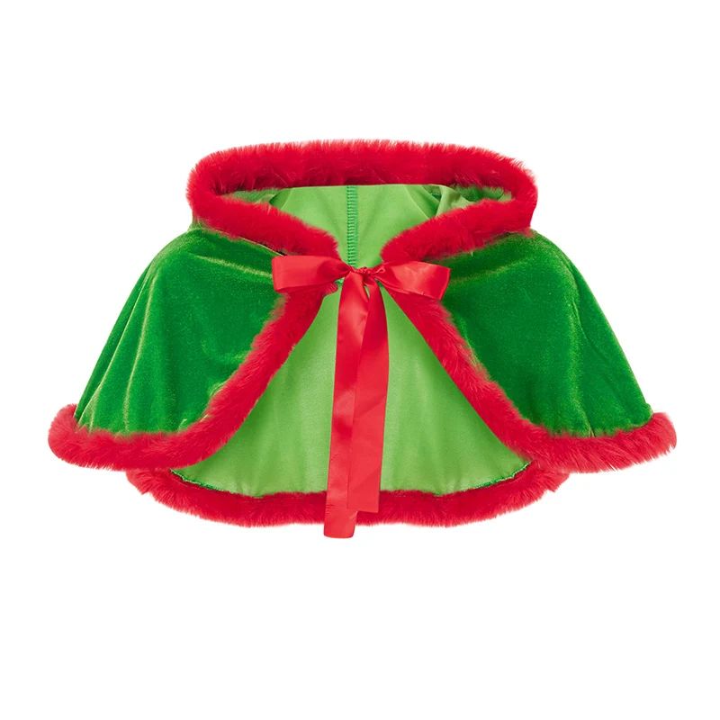 Christmas Cape with Hood for Women Contrast Color Fuzzy Trim Cloak Mrs Santa Claus Costume