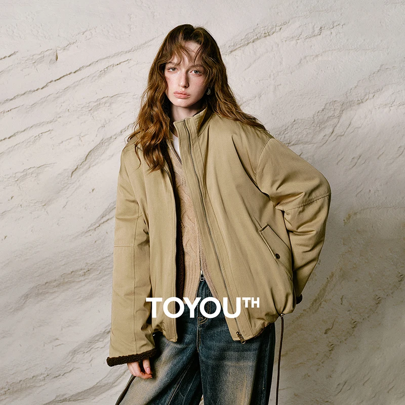 TOYOUTH Women Reversible Stand Collar Coat 2026 Winter New Warm Fleece Cotton Jacket Loose Drop Shoulder Workwear Outerwear