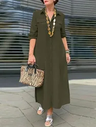 Autumn Women's New Elegant Solid Color Long Sleeved Fashionable Button Up Tie Pocket Plus Loose Casual Comfortable Dress