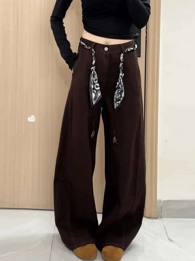 กางเกงยีนส์ทรงขาบานเอวสูงสีน้ำตาลกาแฟสำหรับผู้หญิง ทรงหลวม ขาตรง สไตล์ลำลอง รุ่นใหม่สำหรับฤดูหนาว